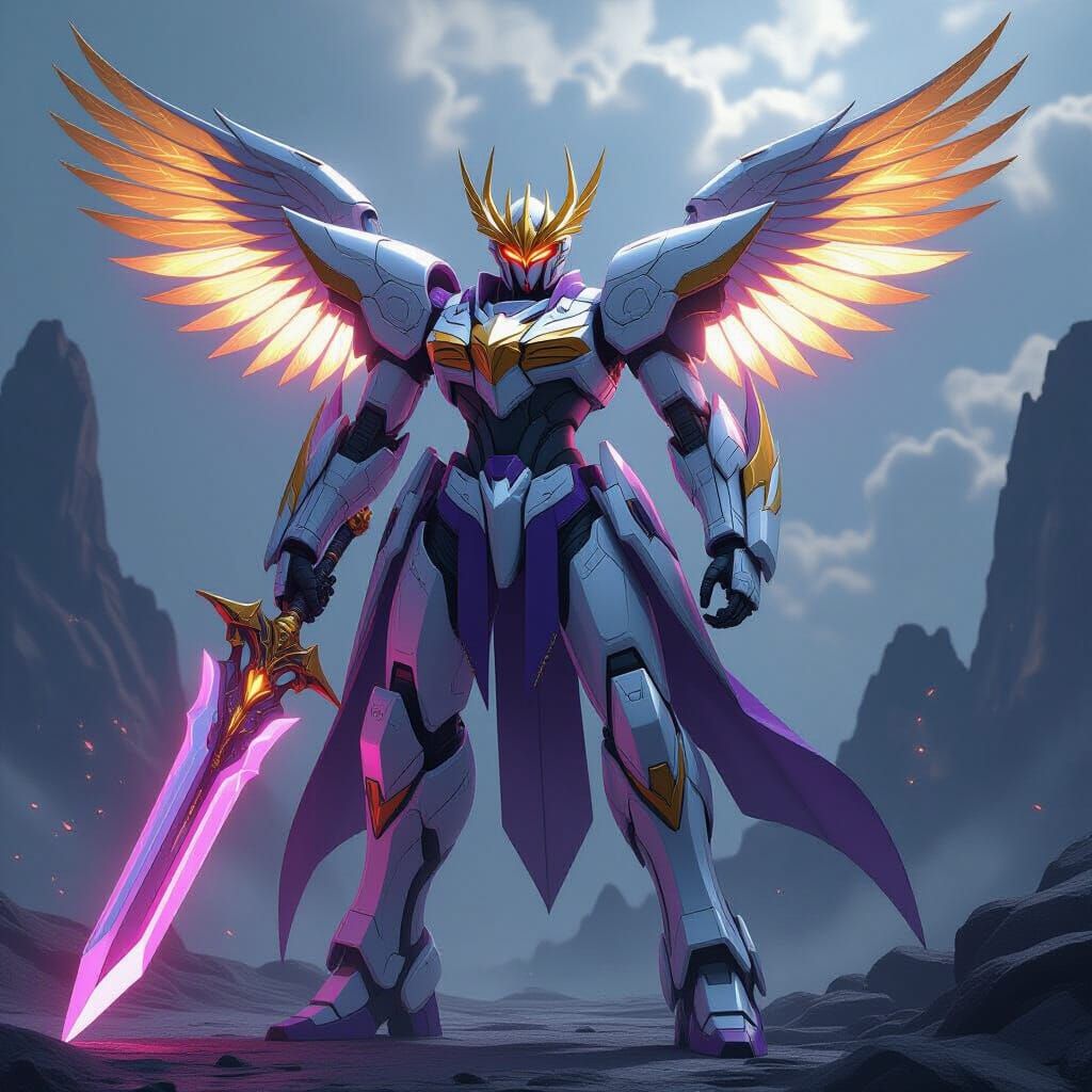 Majestic Mecha Warrior with Golden Wings and Energy Sword