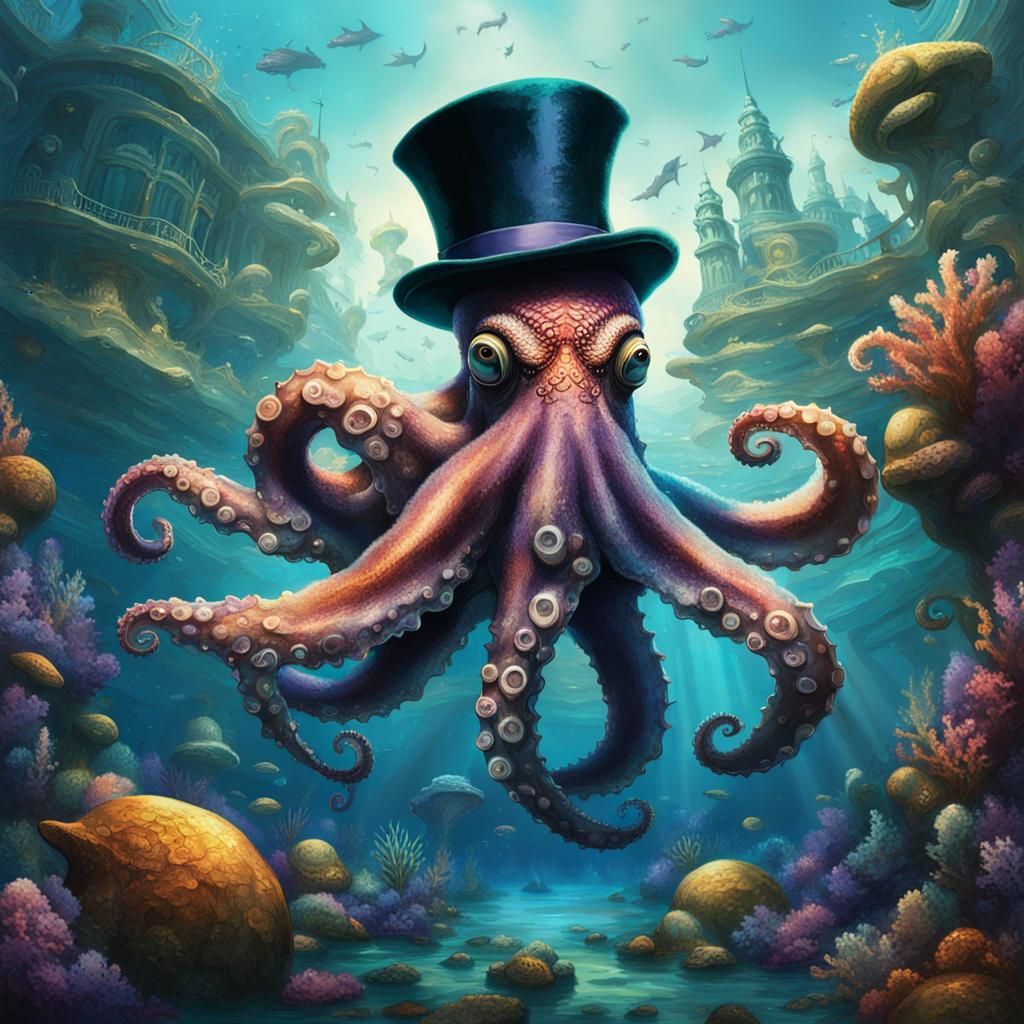 Octopus in Top Hat: Hyperrealistic Ocean Scene