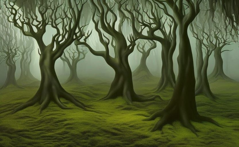 Surreal Dark Fantasy Fairytale Forest with Twisted Trees