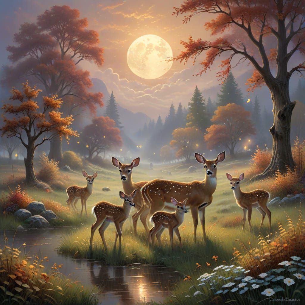 Doe and Fawns in Misty Autumn Meadow Under Harvest Moon