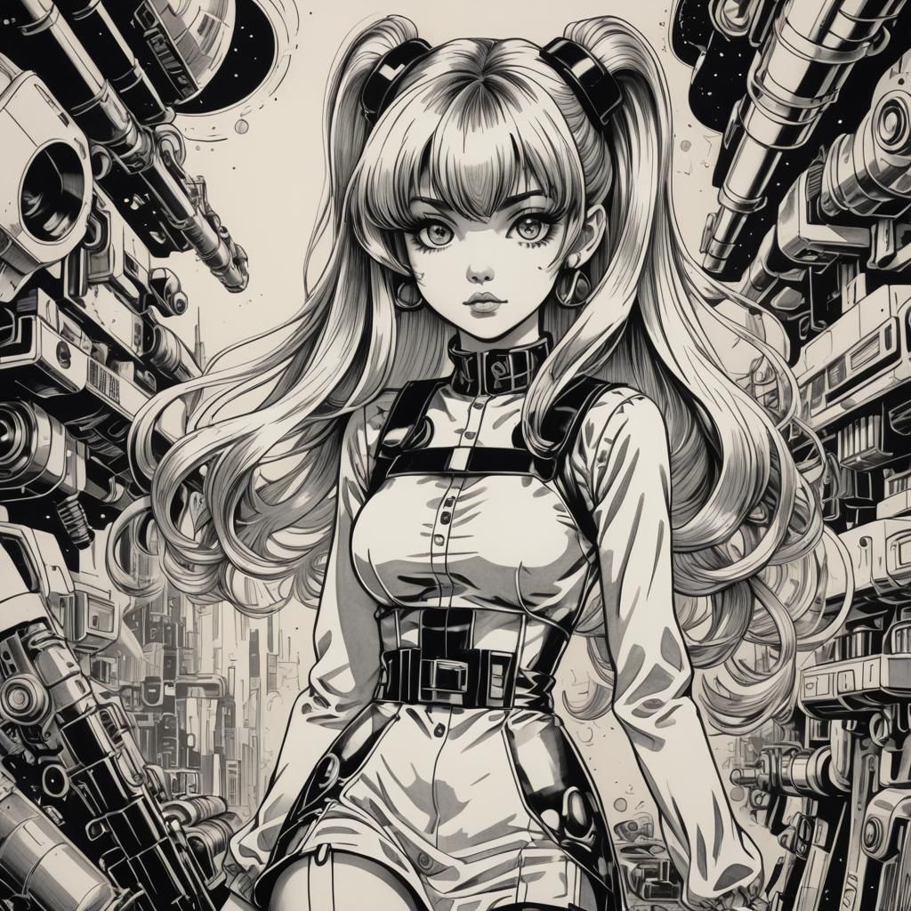 Anime Lady with Ray Gun in 1970s Style