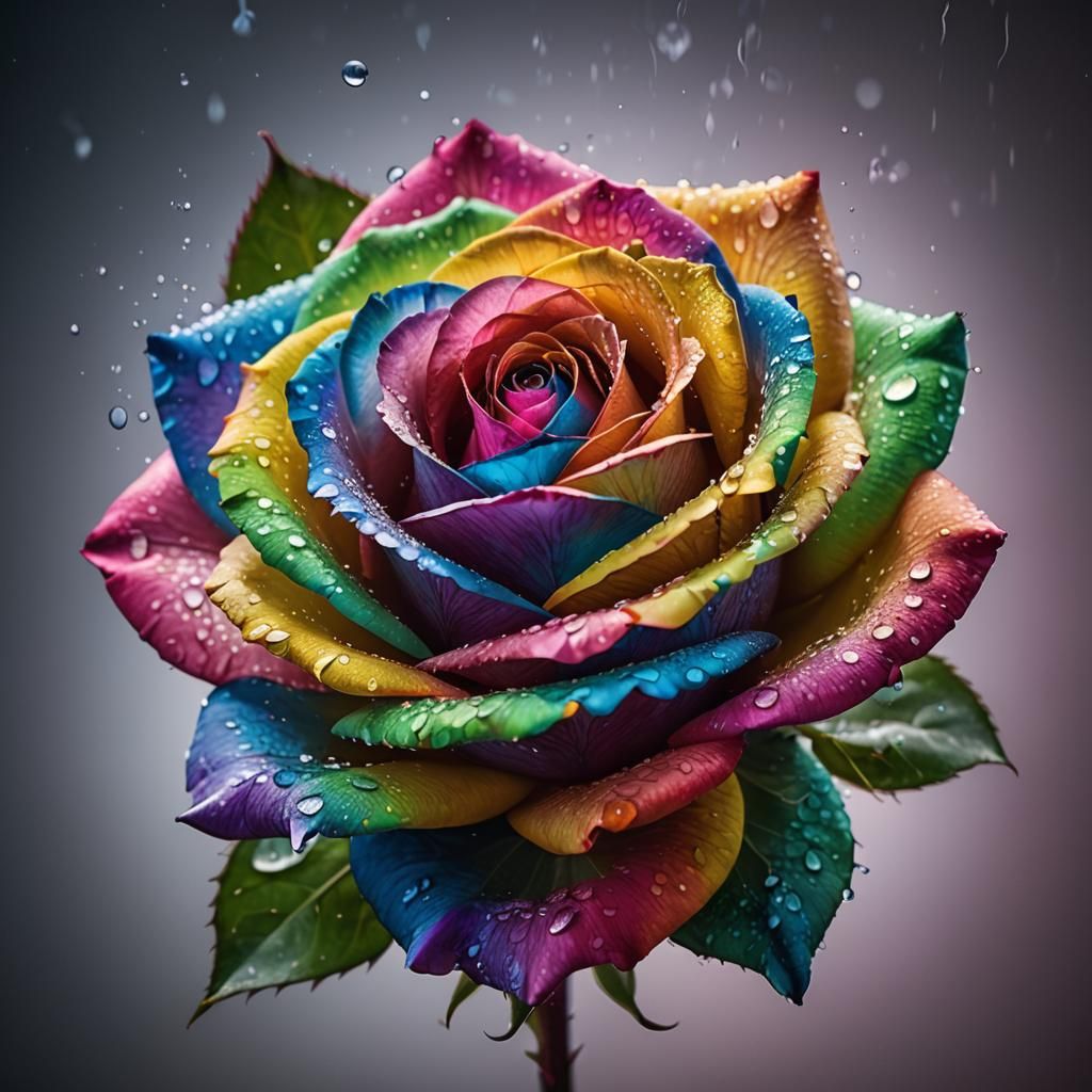 Radiant Rainbow Rose with Cosmic Water Droplets