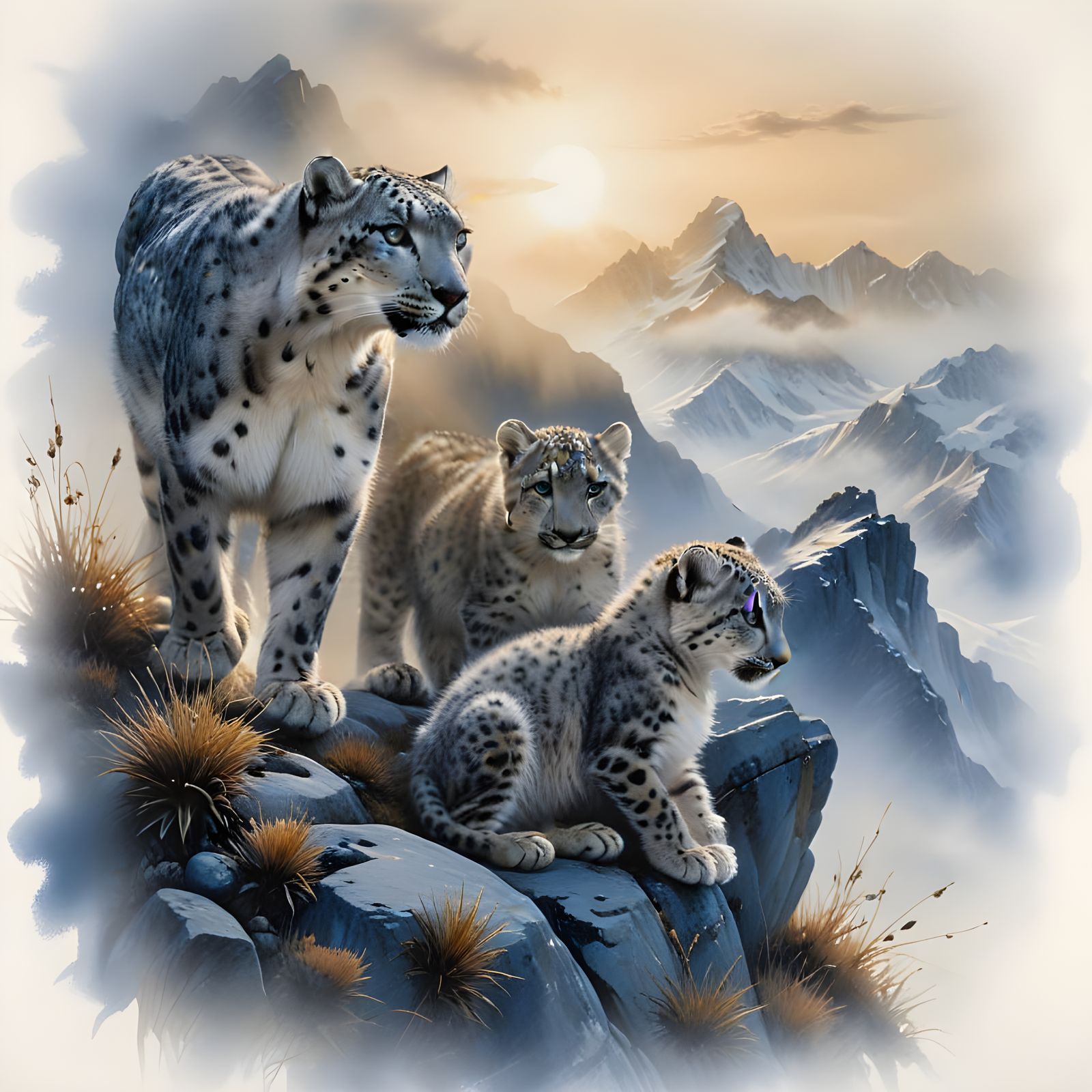 Snow Leopard Family in Sumi Ink Wash Painting
