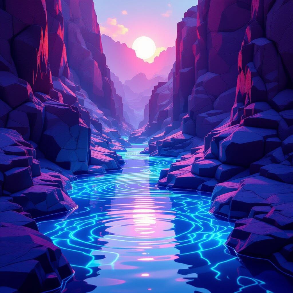 Luminous Crystal Stream in Fractal Canyon