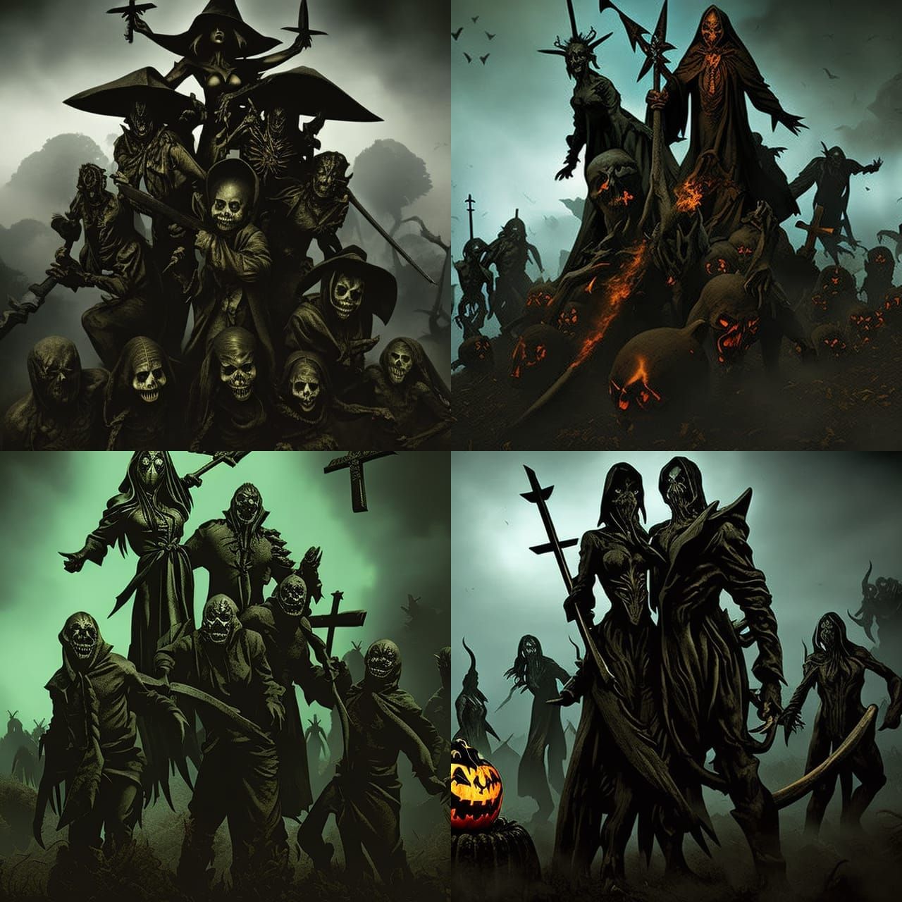 Fields of fleshy undead pumpkin monsters twisted conjoined Halloween horror undead witch's cooking people alive and burn...