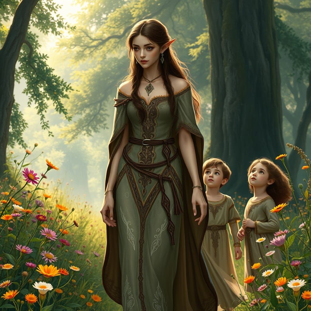Majestic Elf Mother Surrounded by Twin Sons in a Whimsical G...