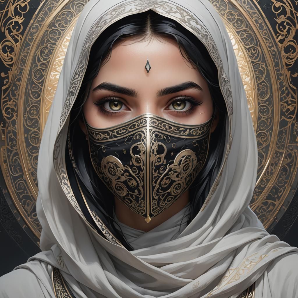 Masked Arabic Woman Portrait in Art Nouveau Style