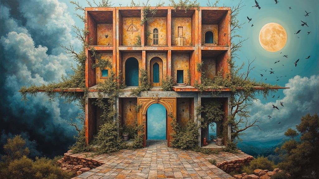 Surreal Architectural Chaos: Oil and Collage