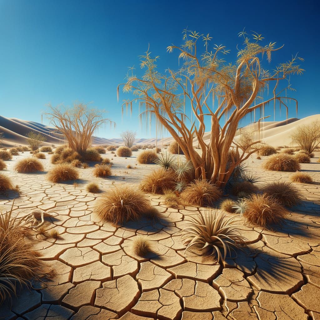 Arid Desert Landscape with Dehydrated Plants: 3D Rendering