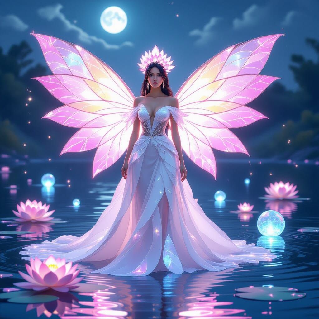 Woman in Lotus Gown with Glowing Wings