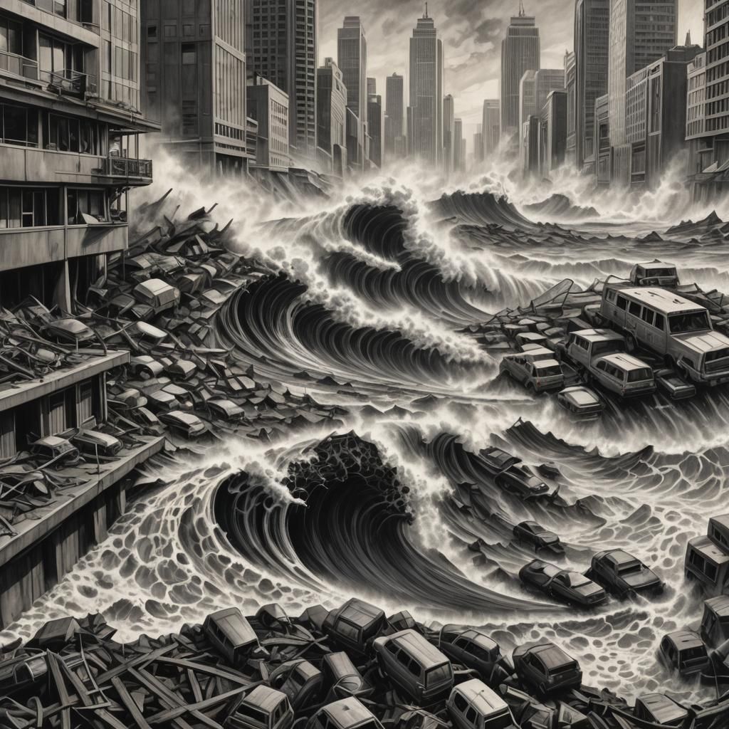 Pollution Tsunami Wave in Charcoal Drawing