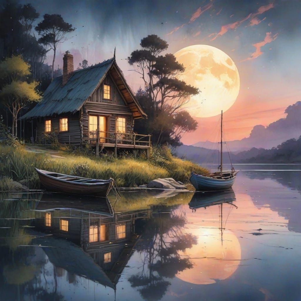 Twilight Cabin Scene in Watercolor Style