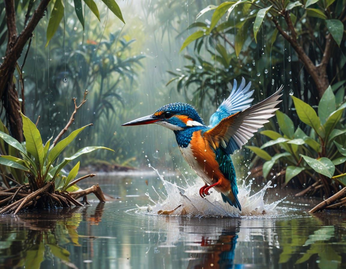 Rainbow Kingfisher in Monsoon Lagoon, Watercolour Art