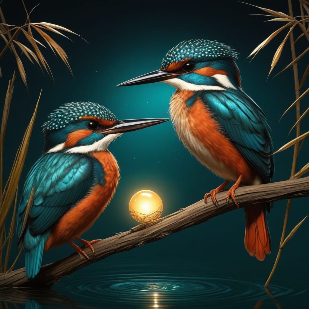 Moonlit Kingfisher Pair in Vibrant Nighttime Scene