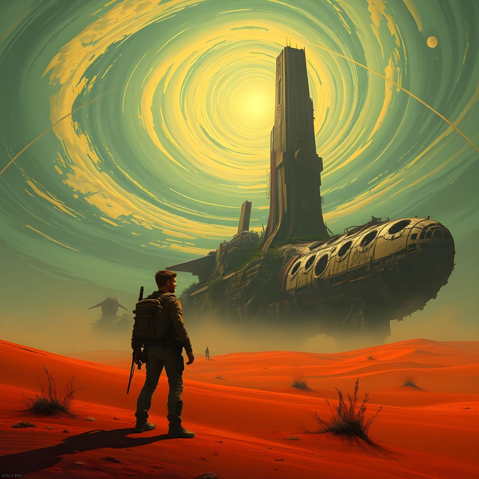 Explorer Gazes at Derelict Spaceship on Alien Planet