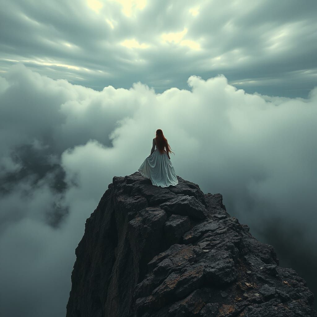 Woman on Cliff in Stormy Dystopian Landscape