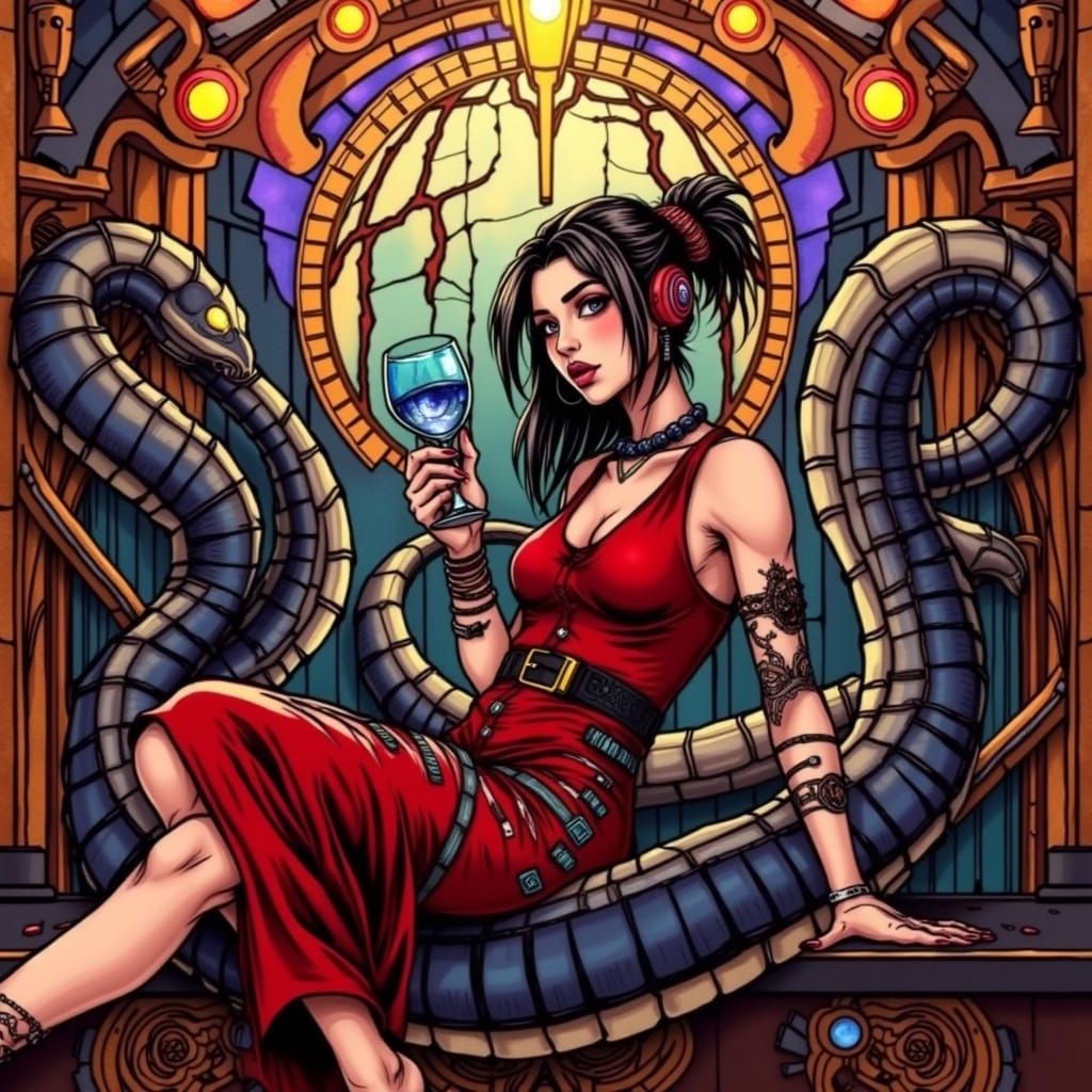 Cyberpunk Woman on Hydra in Stained Glass Style