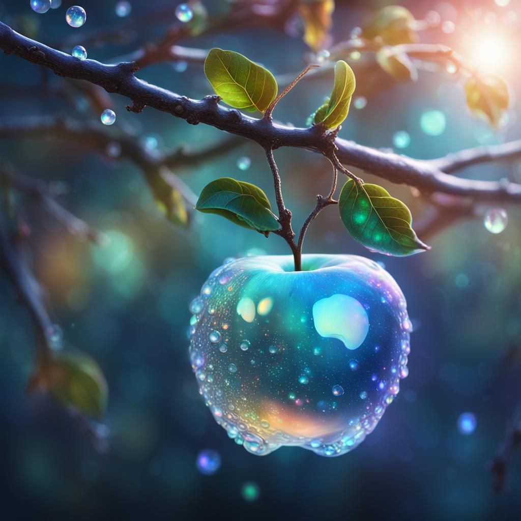 Opal Apple Macro Photograph in Bioluminescent Realism