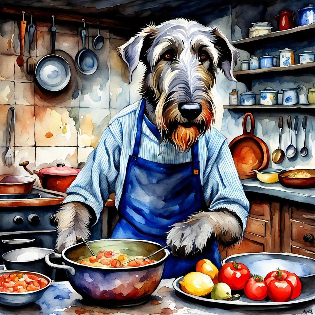 An Irish Wolfhound cooking in a dingy kitchen