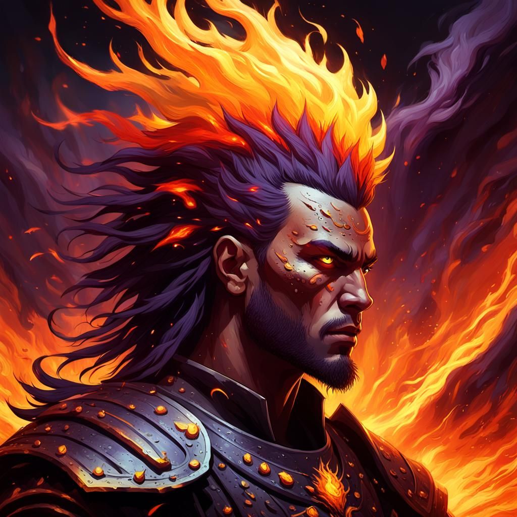 Flaming Mohawk Warrior in Dark Fantasy Landscape
