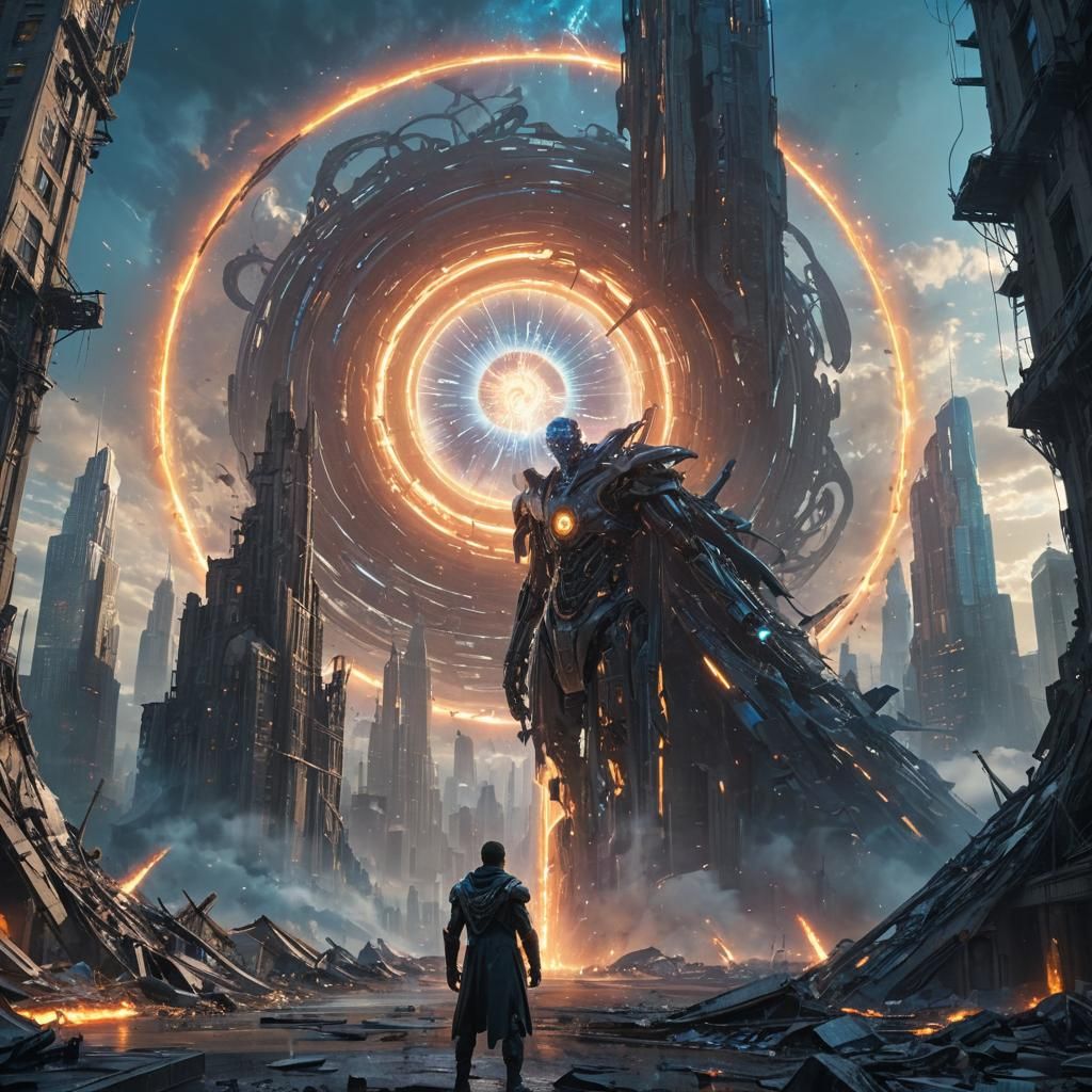 Victorious AI Dominates Ruined Cityscape in Art Deco Style