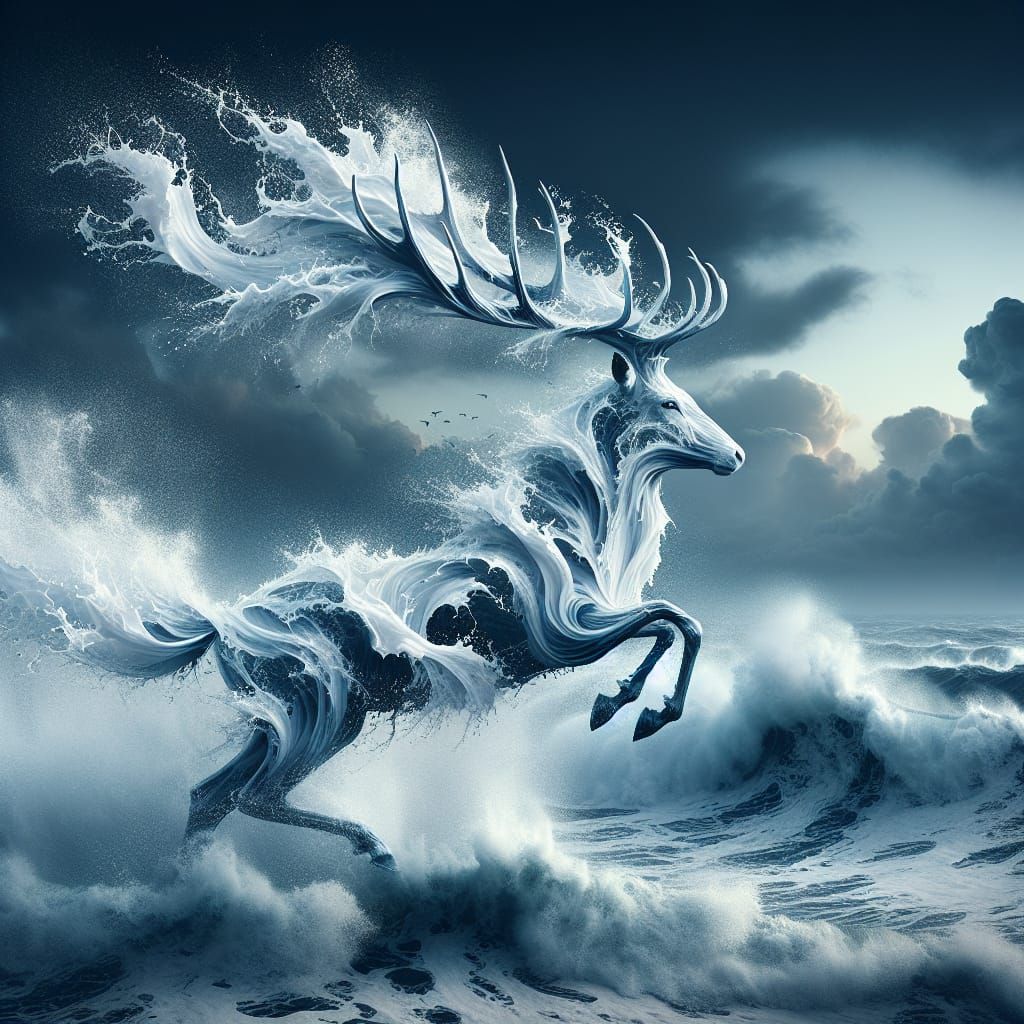 Majestic Seafoam Stag Galloping on Stormy Seas