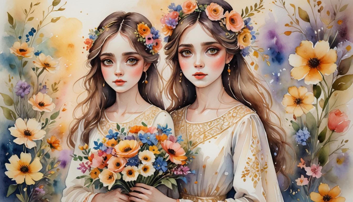 Girl in White Dress with Flowers in Watercolor