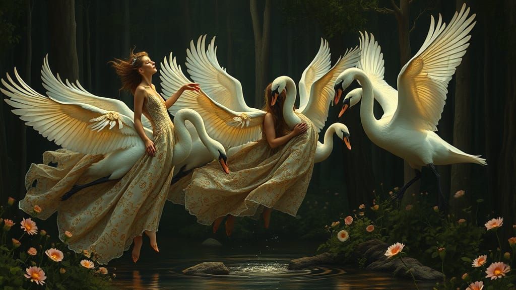 Women in Dreamlike Art Nouveau Gowns with Swans, Roots, and ...