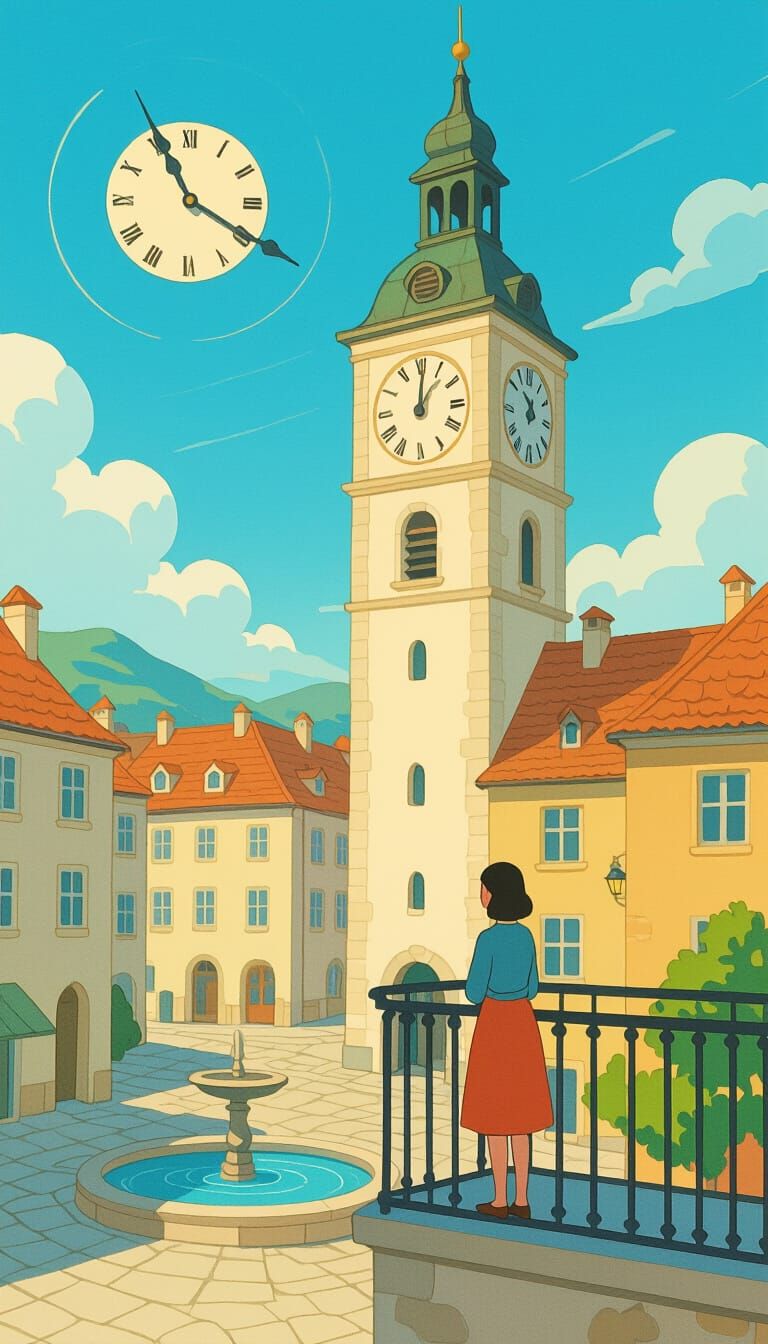 City Square with Clock Tower in Flat 2D Style