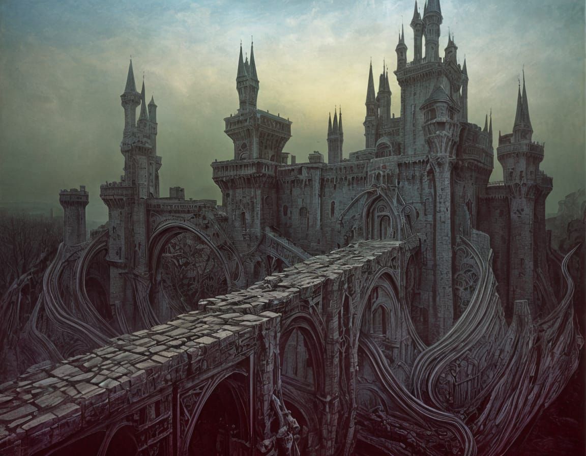Surreal Castle with Drawbridges in Dark Dreamscape