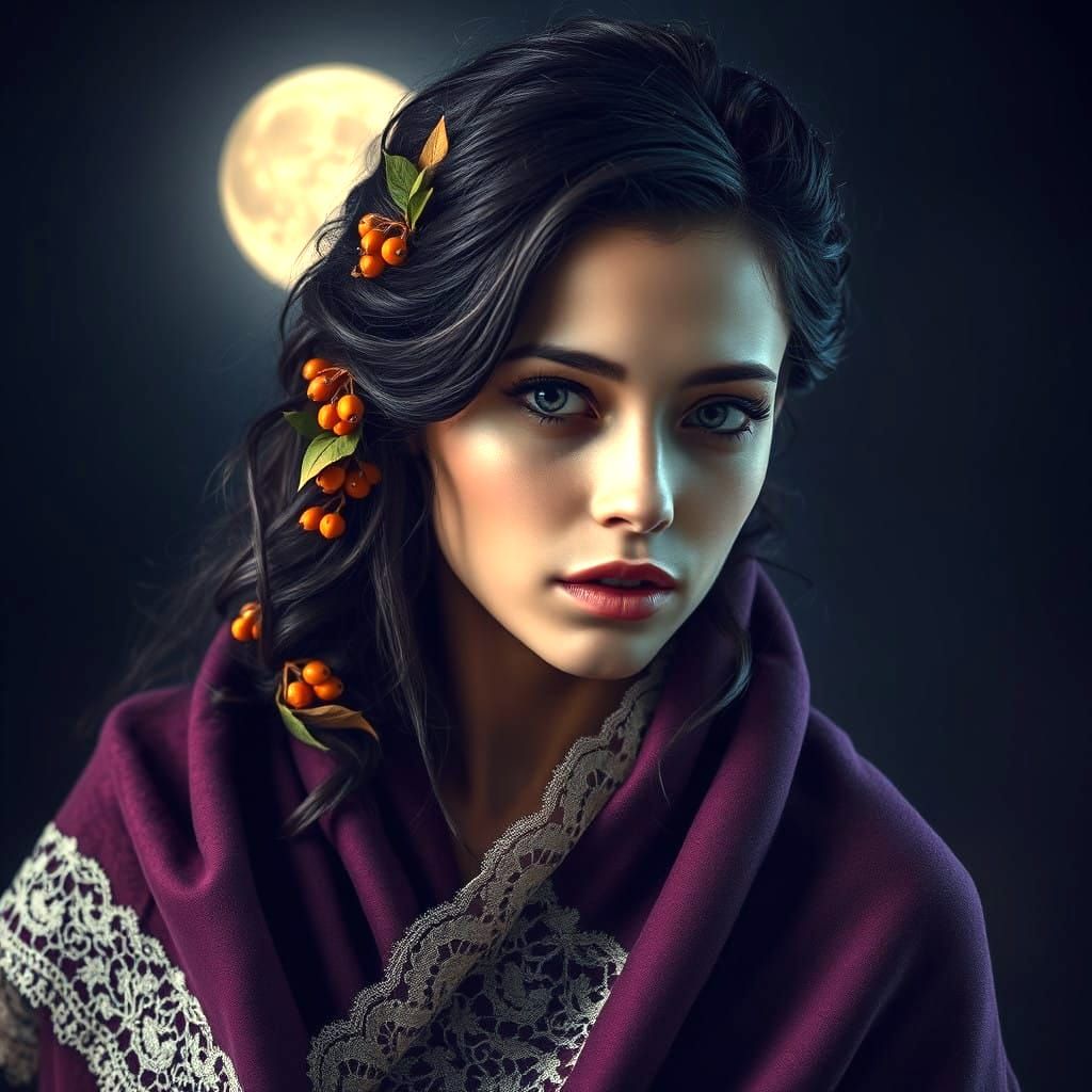 Ethereal Woman in Purple Shawl Under Full Moon