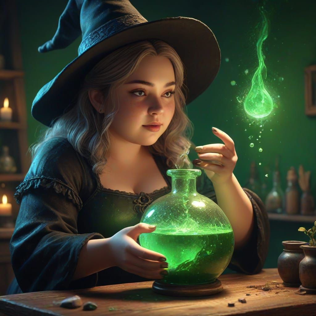 Charming Witch Brews Glowing Green Potion in Hyperrealistic ...