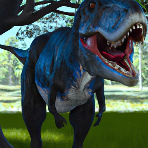 Menacing Blue and Black T-Rex Roaring by a Lake