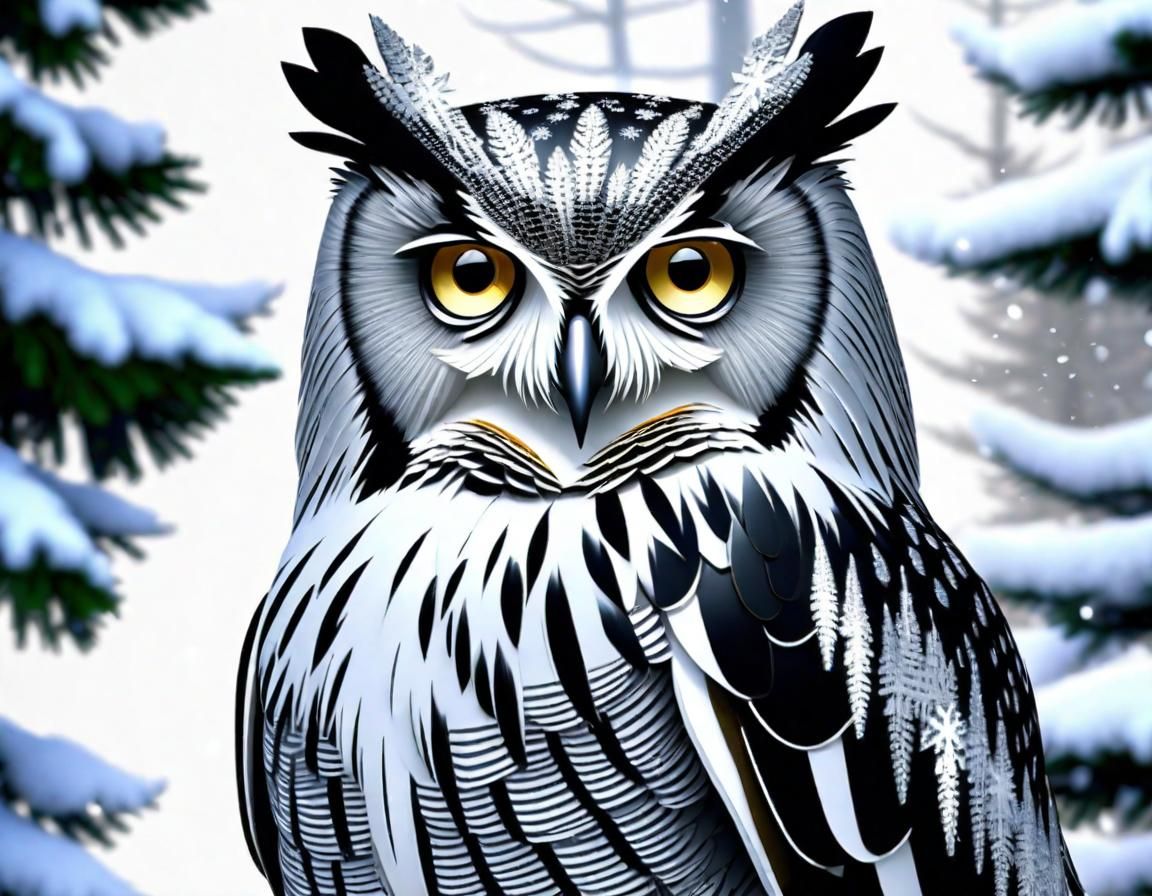 Silver Chrome Owl in Winter Pine Forest