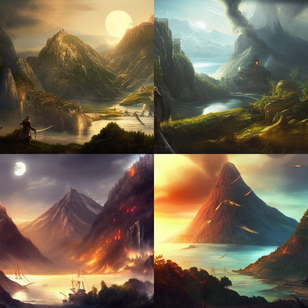 Fiery Mountain Landscape at Night in Detailed Matte Painting