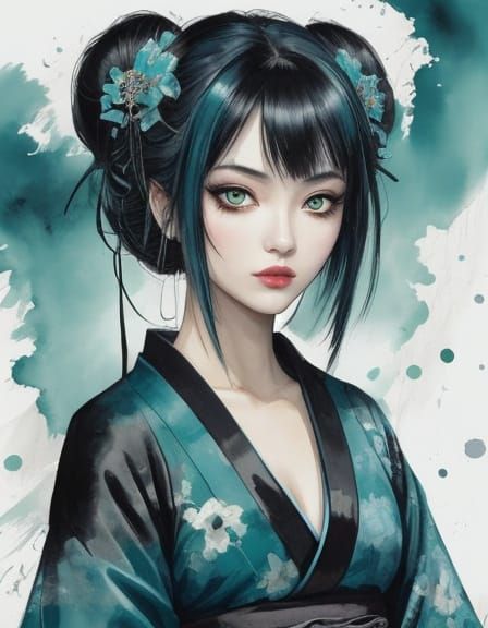 Gothic Anime Geisha with Teal Highlights in Watercolor Style