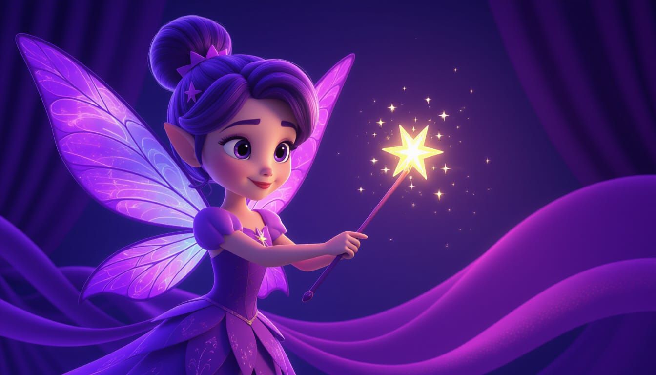 Cute Purple Fairy with Star Wand in Pixar Style