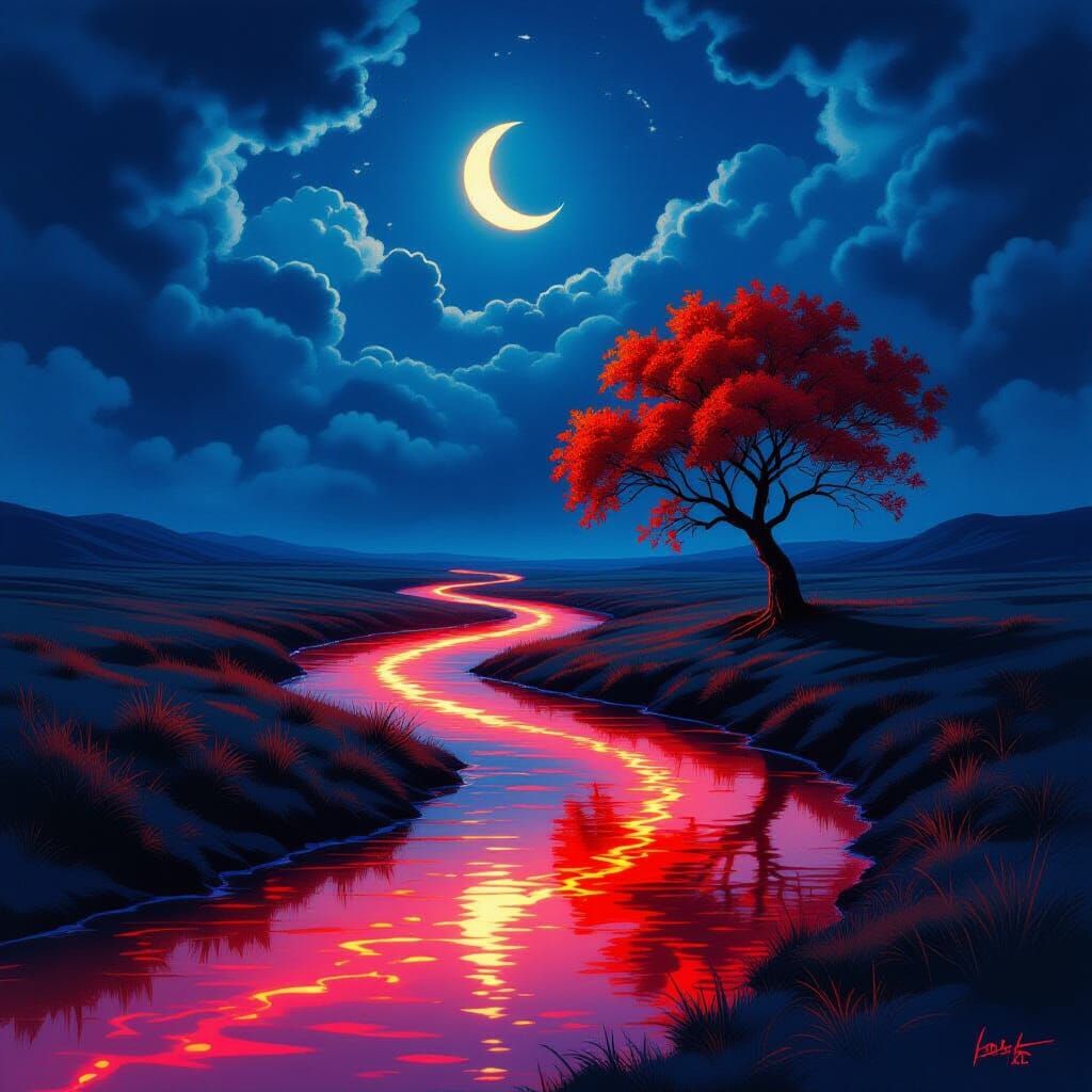 Crimson River in Surreal Fantasy Night Landscape