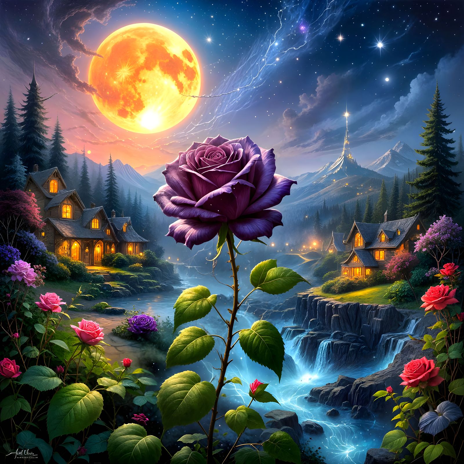 Surreal Gothic Rose in Luminous Cracked Moonlight
