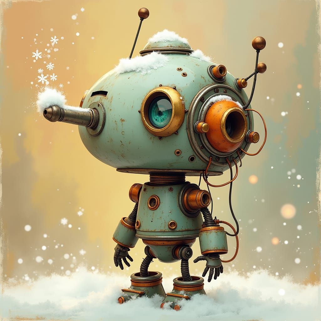 Cross-Eyed Robot and Snowflake in Whimsical Style