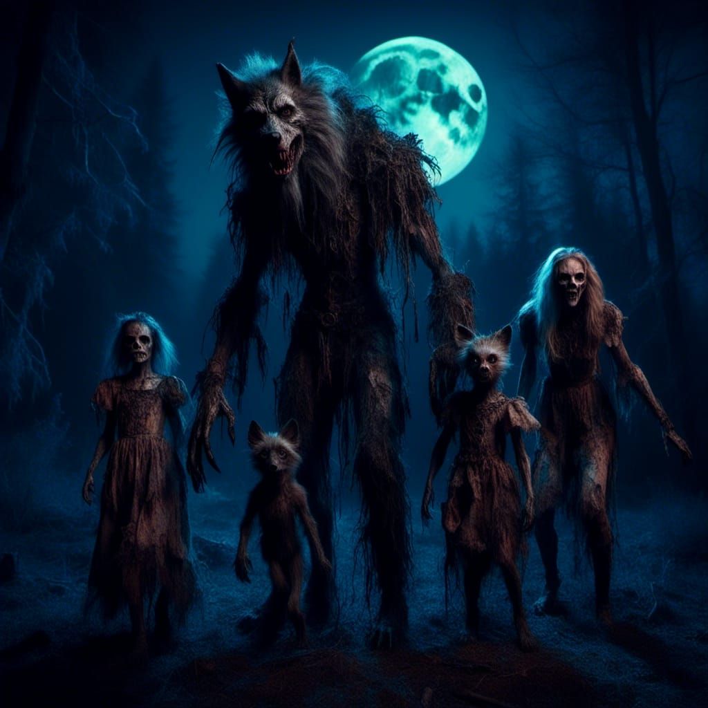 Werewolf family in the moonlight