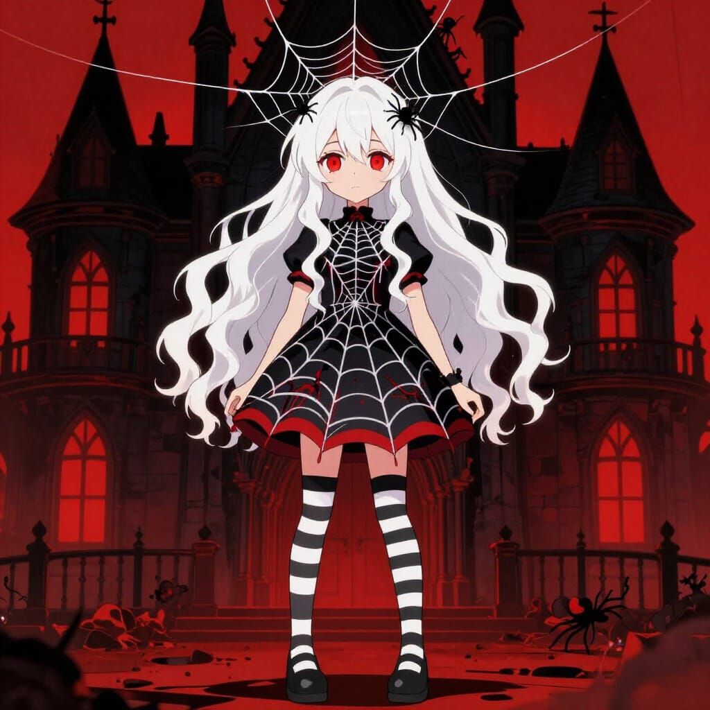Gothic Anime Girl with Spiderweb Dress and Red Eyes
