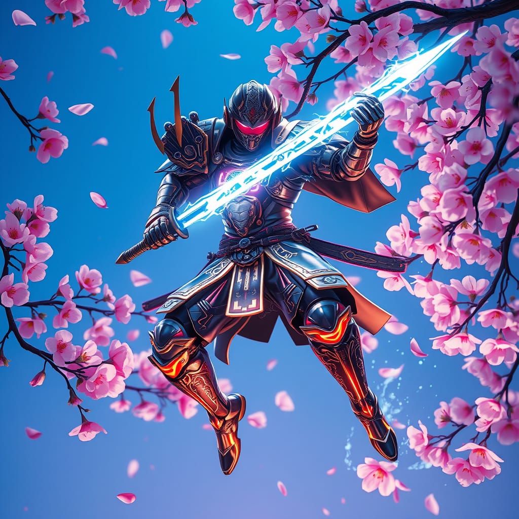 Cyberpunk Samurai Leaps Through Blossoming Cherry Tree