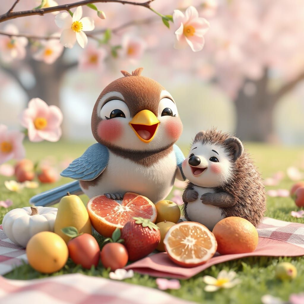 Cute Bird and Porcupine Picnic in Kawaii Art