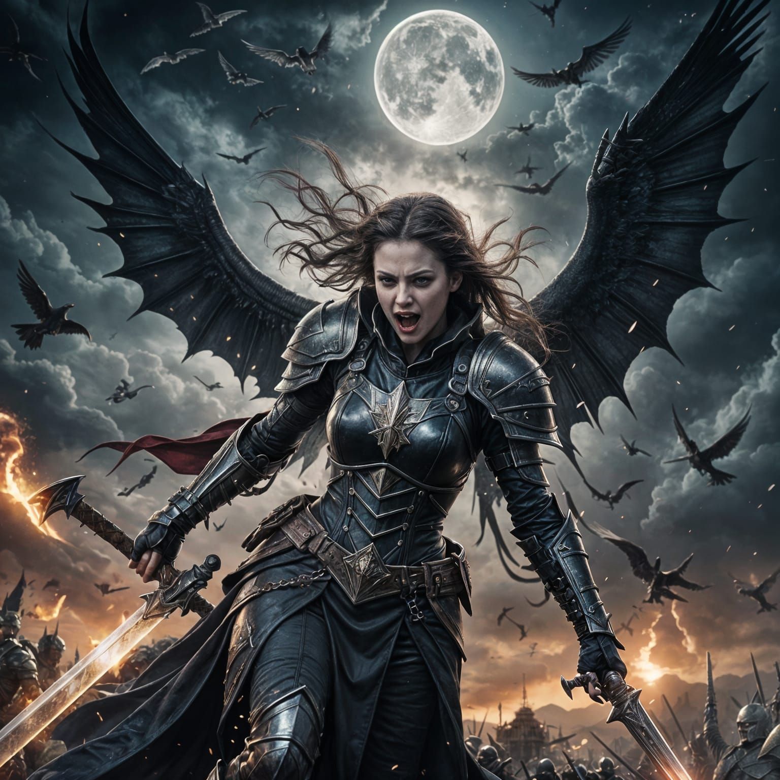 Vampire Valkyrie Screaming at Night Sky