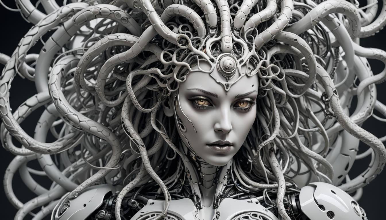 Biomechanical White Medusa Fashion Portrait