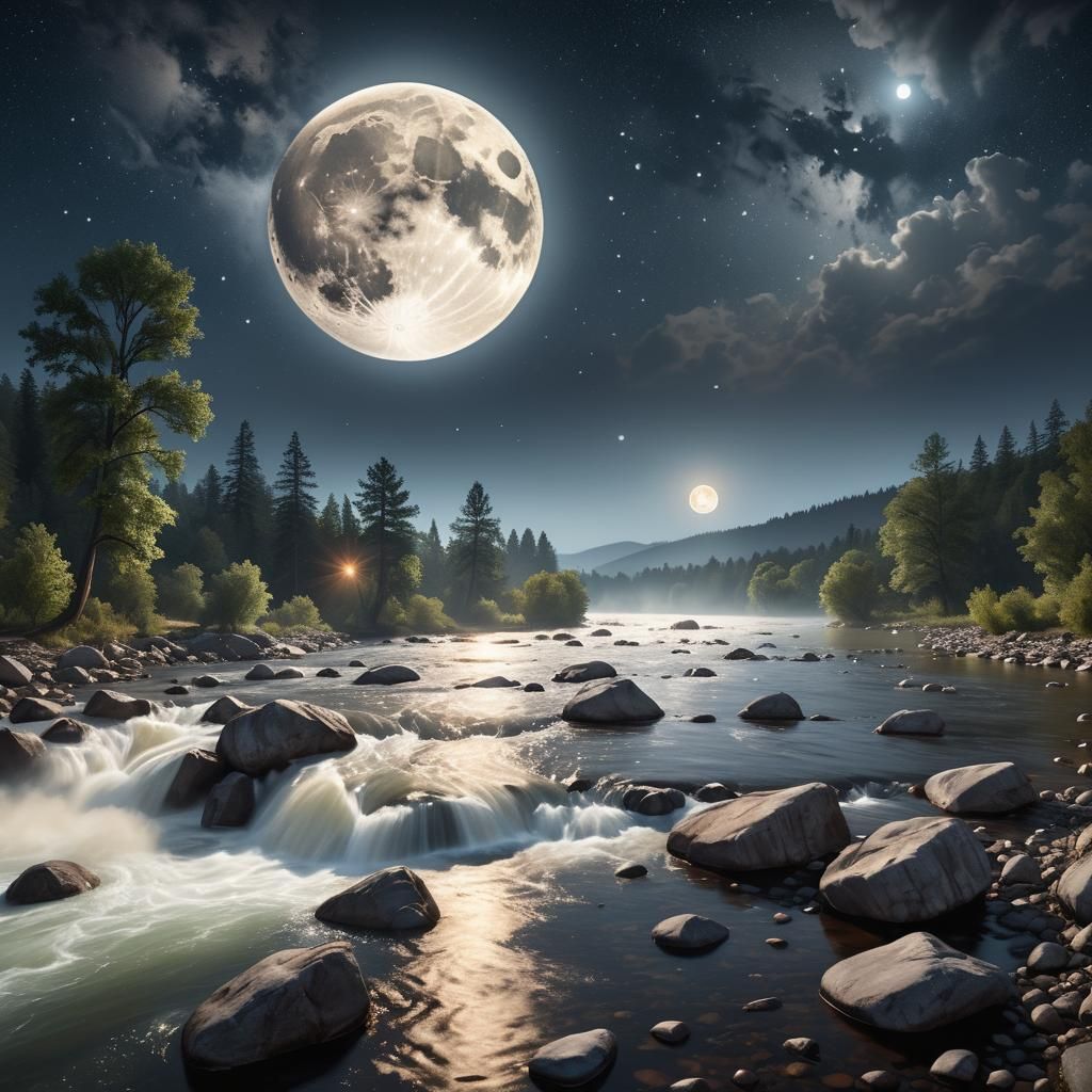 Majestic Moonrise Over Raging River: Hyperrealistic Nocturna...