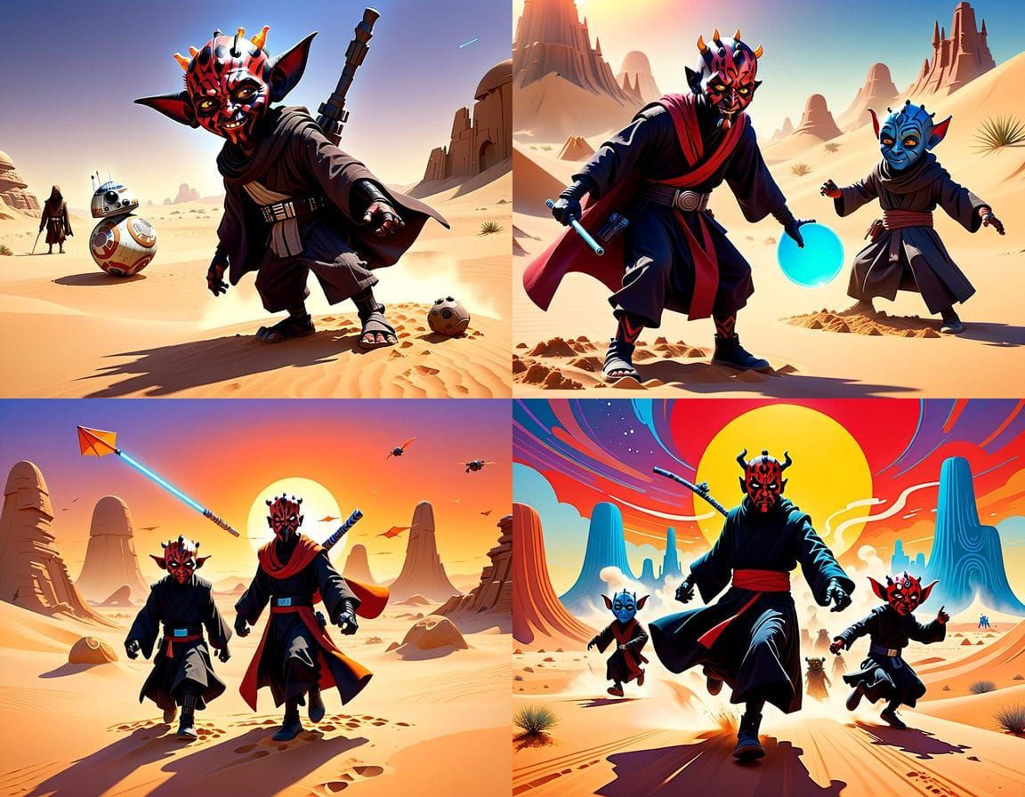 Darth Maul in a Playful Jedi Costume with Jawas