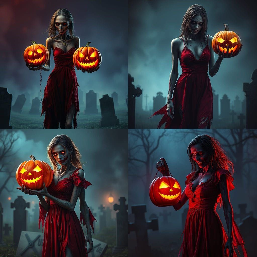 Zombie in Red Dress Holds Glowing Pumpkin in Foggy Graveyard