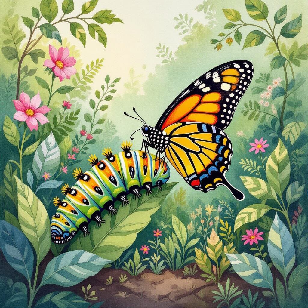 Giant Machaon Caterpillar to Butterfly in Garden